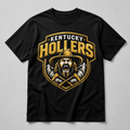 Black T-shirt featuring the gold Kentucky Hollers logo