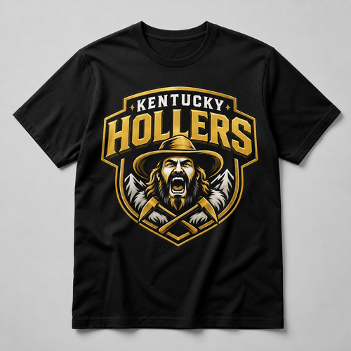 Black T-shirt featuring the gold Kentucky Hollers logo