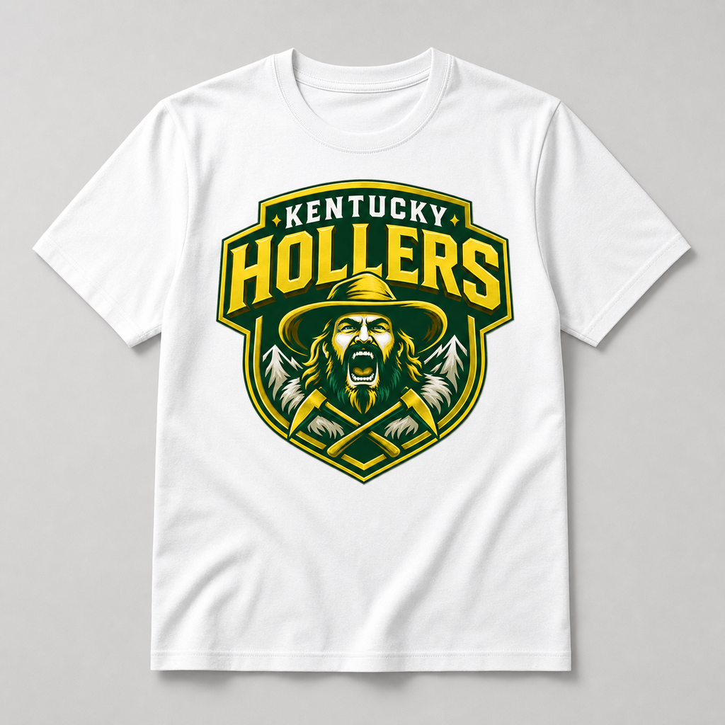 White Kentucky Hollers green and gold logo T-shirt
