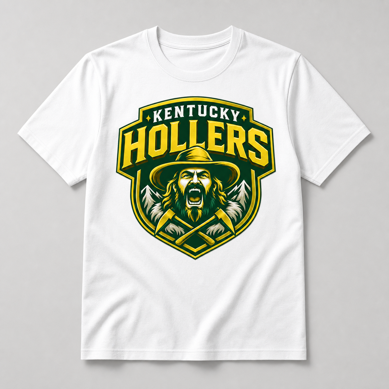 White Kentucky Hollers green and gold logo T-shirt