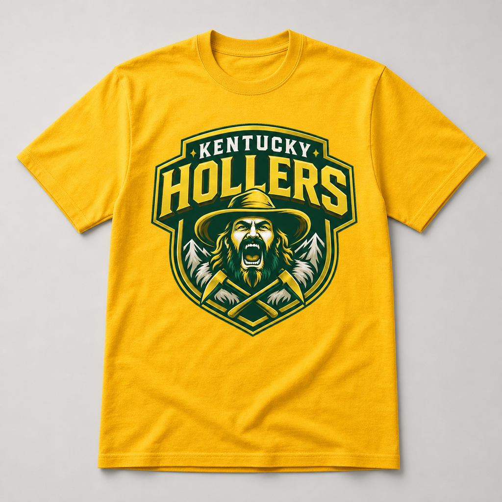 Yellow Kentucky Hollers green and gold logo T-shirt
