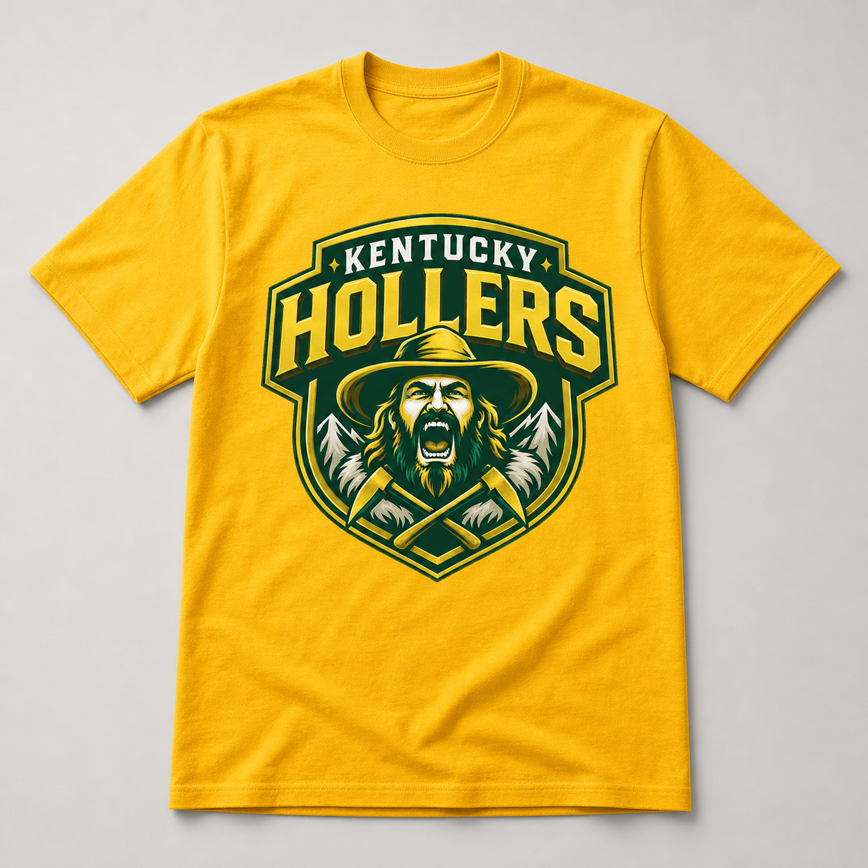Yellow Kentucky Hollers green and gold logo T-shirt
